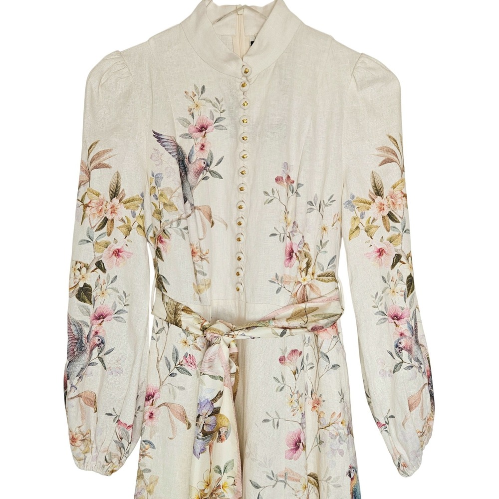 Zimmermann Rebellion Button Midi Dress Cream Aviary Linen Silk Belted Size US 4 - Picture 11 of 16